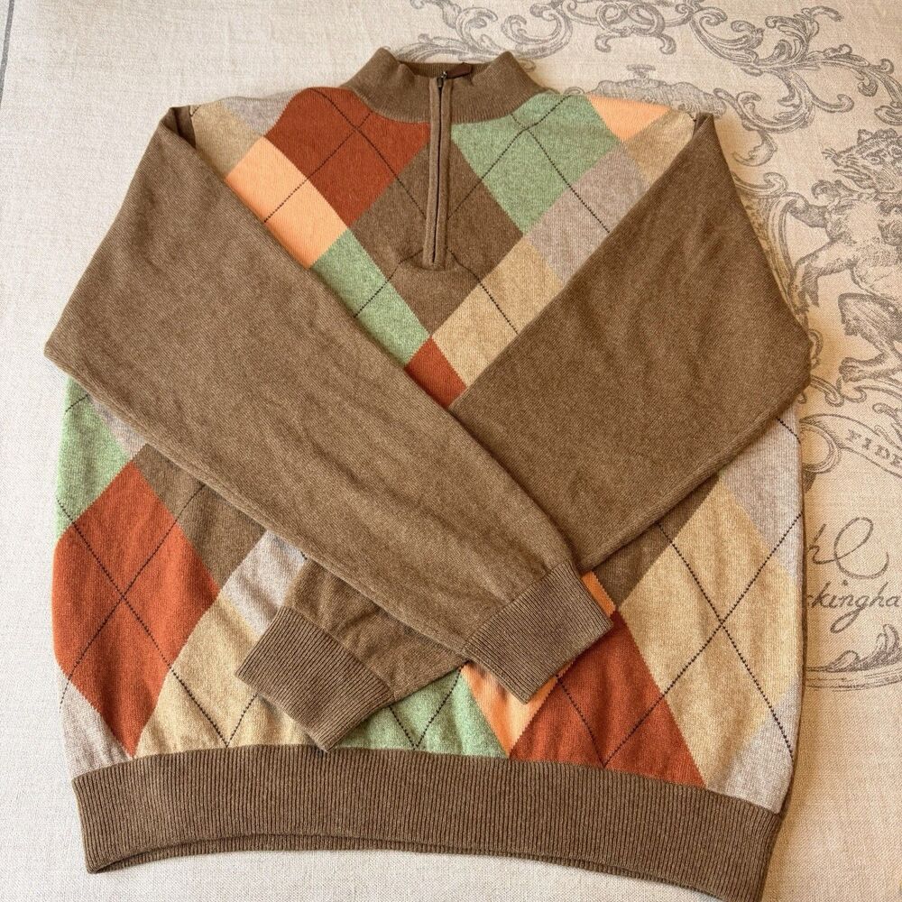 Alashan 100% Cashmere Men Large Argyle Half Zip Sweater Brown Orange Knit L